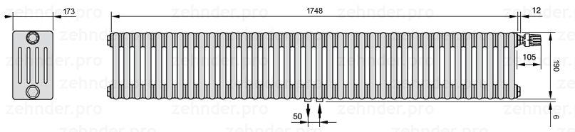 Схема (чертеж) Радиатор Zehnder Charleston 5019/38 №V008 Белый глянцевый RAL 9016